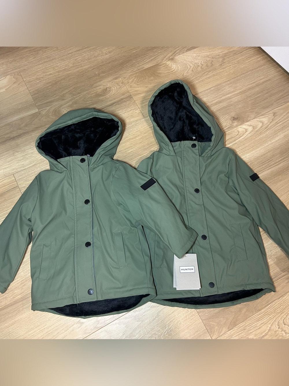 Hunter Kids Olive Green Hooded Raincoat with Black Lining